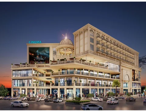 BeTogether Courtyard — mall and hotel suites at dusk (artistic impression)