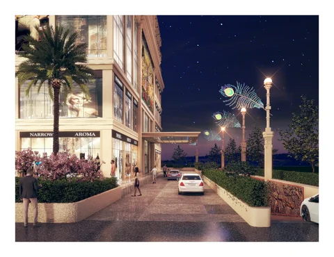 BeTogether Courtyard — street with peacock-feather lights (artistic impression)